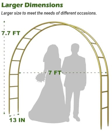 Queension Metal Wedding Arch for Ceremony Party Decoration 7Ft Wide 7.7Ft High,Garden Arch Trellis with Ground Bases for Climbing Plants,Outdoor Garden Arbor for Roses Vines, Round Frame, Gold - Image 2