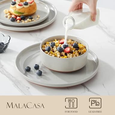 MALACASA Plates and Bowls Sets, 12 Pieces Modern Stoneware Dinnerware Set for 4 Kitchen Dinner Set Ceramic Dishware Dishes Set Microwave and Dishwasher Safe, Grey, Series TARA - Image 3