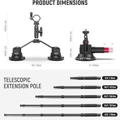 NEEWER Triple Suction Cup Car Mount Kit with 2in1 Extension Pole/Selfie Stick, Quick Release Outside Windshield Magic Arm Camera Mount with Action Camera Adapter Compatible with GoPro Insta360, CA065 - Image 5