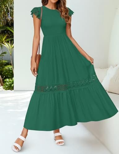 ZESICA Women's Casual Crew Neck Flutter Sleeve Smocked High Waist Hollow Out Lace Trim Tiered A Line Midi Dress,ForestGreen,Small - Image 2
