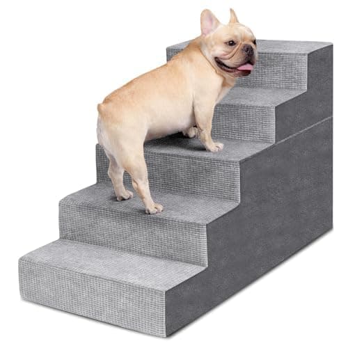 Heeyoo Dog Stairs for Small Dogs,5-Step Dog Steps for High Bed and Couch, High-Density Foam Pet Steps with Supporting Board, Non-Slip Removable Washable Cover, Grey - Image 1