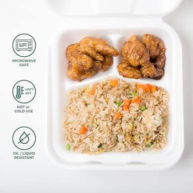 Freshware Clamshell Food Containers with Lids [8x8] 3-Compartment 50-Pack, Disposable To Go Containers, Biodegradable Sugarcane To Go Boxes - Paper Containers - Microwave & Freezer Safe, Stackable - Image 4