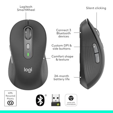 Logitech Signature Plus M750 L Wireless Mouse - for Large Hands, SmartWheel, Bluetooth, Multi Device, 24-Month Battery, Silent Clicks, Customizable Side Buttons, Contoured Shape - Graphite - Image 7