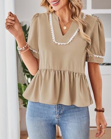 Cakulo Peplum Tops for Women 2025 Babydoll Summer Short Puff Sleeve V Neck Flowy Ladies Top Blouses Khaki S - Image 3
