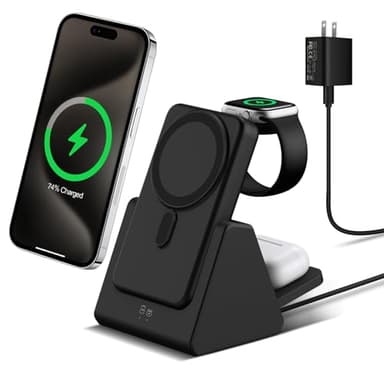 Mag-Safe Charger Wireless Charging Station: 3 in 1 10000mAh Portable Power Bank Compatible for iPhone 16/15/14/13/12 Series and Apple Watch - Magnetic Charging Stand Black - Image 1