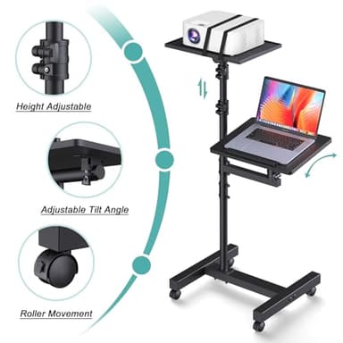 Facilife 2 Shelves Projector Stand Tripod, Height Adjustable Max 64", Mobile Laptop Cart on Wheels Projector Tripod Stand, Overbed Table with Wheels, Rolling Laptop Floor Stand for Couch - Image 5