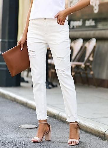 EVALESS White Womens Jeans Stretch Boyfriend Ripped Distressed Frayed Raw Straight Ankle Hem Denim Pants Tummy Control Size 10 - Image 2