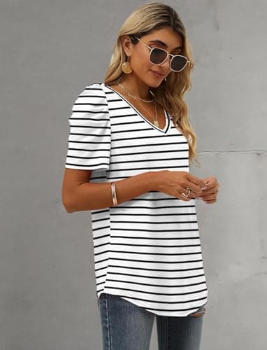 Black and White Striped Shirt Women Summer Casual Puff Sleeve Tops Curved Hem L - Image 5