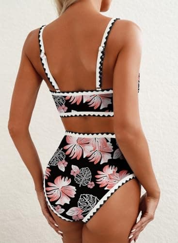 Herseas Women's Bikini Sets Floral Print Whip Stitch Two Piece Modest Swimsuits High Waisted Scoop Padded Black Bathing Suits X-Large - Image 2