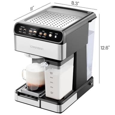 Chefman CaféMaster Pro Espresso Machine, Brew Single or Double Shots, Coffee Maker with Built-In Milk Frother for Cappuccino & Latte, XL 1.8 Liter Removable Water Reservoir - Stainless Steel - Image 8