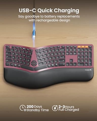 ProtoArc Backlit Bluetooth Ergonomic Keyboard, EK01 Plus Full Size Wireless Split Keyboard with Dual Bluetooth and USB, Cushioned Wrist Rest, Rechargeable, Compatible with Windows/Mac, Wine Red - Image 5