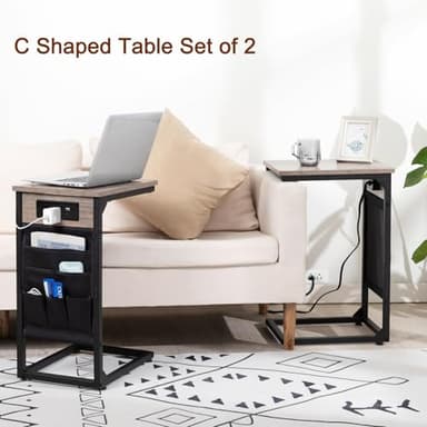 AMHANCIBLE C Shaped End Table with Charging Station, TV Tray Set of 2, Couch Tables with Storage Bag, Slide Under Sofa Side Table with USB Ports and Outlets for Living Room, Grey HET04CGY - Image 7