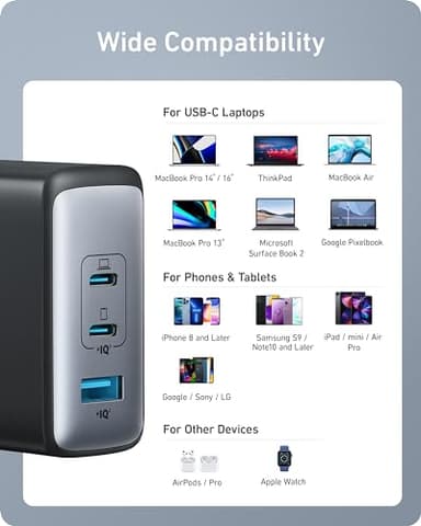 Anker 100W USB C Charger Block (GaN II), 3 Port Fast Compact Wall Charger for MacBook, Dell XPS, iPad Pro, Galaxy S24, iPhone 16/15 and More Series - Image 7