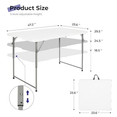 Byliable Folding Table 4 Foot Portable Heavy Duty Plastic Fold-in-Half Utility Table Small Indoor Outdoor Adjustable Height Folding with Carrying Handle, Camping and Party,White - Image 3