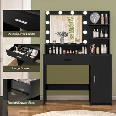 Quimoo Makeup Vanity Desk with Mirror & Lights, Vanity Desk with 5 Drawers & Storage Shelves, Vanity Table, 3 Color Modes & Adjustable Brightness Dressing Table, Bedroom, Black - Image 5