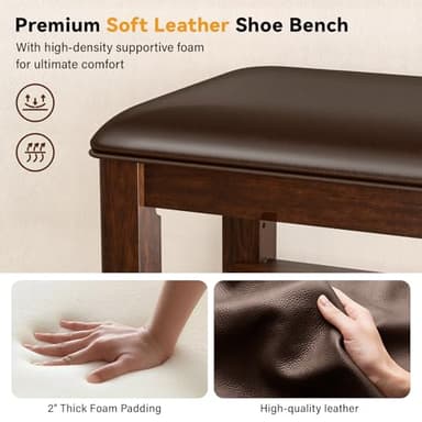 Entryway Shoe Storage Bench with Leather Cushion, Shoe Organizer Bench for Entryway, Ideal for Hallways Front Doors Entrances Mudrooms Featuring Rubberwood And 3 Height-Adjustable and Removable Shelve - Image 5