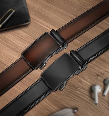 KEMISANT Men Belt 2 Pack, Leather Ratchet Belt Easy Click Slide For Men 1 3/8",Cut for Fit(Black/Deep Brown,38"-44" Waist Adjustable) - Image 2
