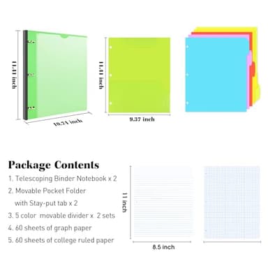 INFUN All-in-one Telescoping Binder Notebook - 2PCS，Refillable 3 Ring Notebook Binder with 1 Plastic Movable Pocket Folder,5 Plastic Subject dividers and Graph Paper and College Ruled Paper - Green - Image 2