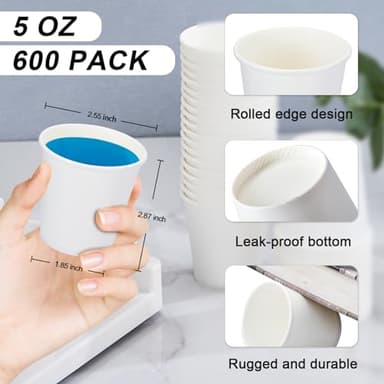 SIUQ 600 Pack 5 oz Paper Cups, Disposable Mini Bathroom Mouthwash Cups, Hot/Cold Drinking Cups, White Disposable Paper Cups for Bathroom, Home, Party, Office, Picnic, Travel - Image 2
