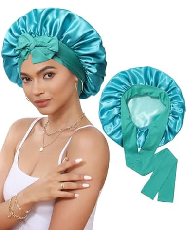 Satin Bonnet Silk Bonnet for Sleeping Silk Sleep Cap Double Layer Hair Bonnet with Elastic Tie Band for Curly Hair Night Cap (Peacock green+Wheat green) - Image 1