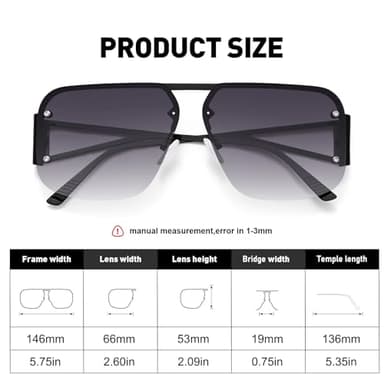 Fozono Retro Trendy Aviator Sunglasses Womens Mens Large Oversized Square Sun Glasses Metal Rimless Frame Shades FZN904 (Black/Gradient Grey) - Image 5