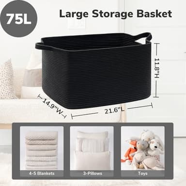 Goodpick Large Blanket Basket Living Room, 21.6" x 14.9" x 11.8" Woven Storage Basket for Blankets, Toys, Rectangle Rope Dirty Clothes Baskets for Nursery, Bedroom, Black - Image 2