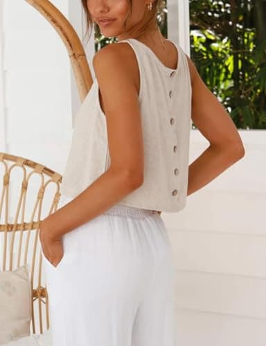 Linen Tops for Women 2025 Spring Summer Outfits Sleeveless Crop Casual Loose Cute Cotton Linen Tops, Beige,M - Image 2