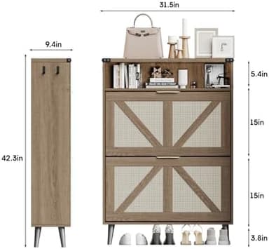 Shoe Cabinet with 2 Flip Drawers & Open Storage,Farmhouse Shoe Storage Cabinet for Entryway,Freestanding Narrow Organizer Rack with Legs,Foyer,Hallway,Rustic Oak Rattan - Image 4