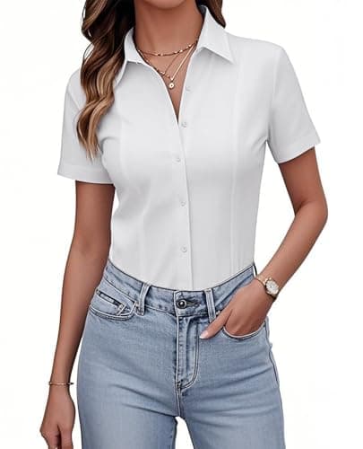 siliteelon Women's Button Down Shirts Slim fit Short Sleeve Stretch Dress Shirts Wrinkle-Free Solid Work Blouse M White - Image 1