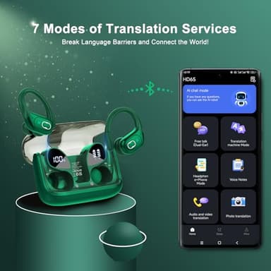 AI Translation Earbuds Real Time, 164 Language Translator Earbud 3-in-1 Bluetooth 5.4 Translator Earbuds with 6 Translation Modes, 75H Translators Headphones with APP for Travel Business, Dark Green - Image 2