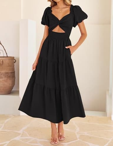 ZESICA Womens Summer 2025 Boho Vacation Dress Short Puff Sleeve Flowy Smocked Cutout A Line Beach Party Dresses,Black,Small - Image 8