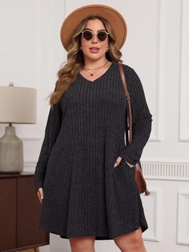 BELAROI Plus Size Sweater Dress Curvy Women Fall Dresses Winter V Neck Long Sleeve Pockets Tshirt Dress Loose Fit (3X, Dark Gray) - Image 3
