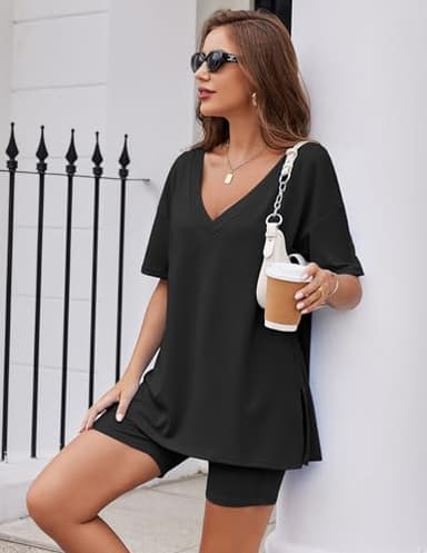 Ekouaer Womens Pajamas 2 Piece Lounge Sets Oversized V Neck T-Shirts Tops Biker Shorts Set Black - Image 3