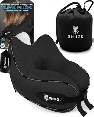 SNUGL Travel Pillow – Memory Foam - Travel Pillows for Airplanes - Neck Pillow for Airplane with Carry Bag & Clip – Neck Support Pillows for Pain Relief (Adult Small - Black) - Image 1