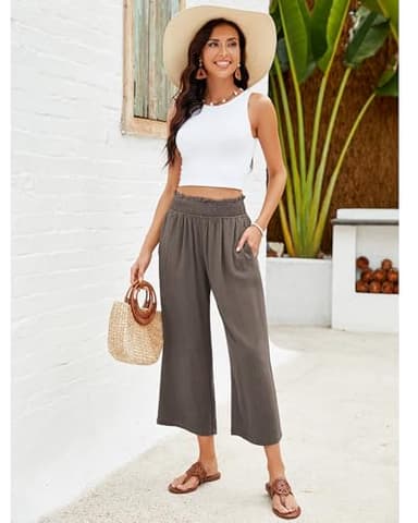 GRAPENT High Waisted Lightweight Women's Beach Linen Clothes Wide Leg Lounge Pants Casual Outfits Travel Pants Color Coffee Brown Size L Large Size 12-14 - Image 4