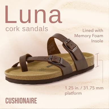 CUSHIONAIRE Luna Crossover Toe Strap Womens Sandals – Cork Footbed Slides with Adjustable Straps, Summer Sandals for Women 2025, BROWN 7 - Image 2