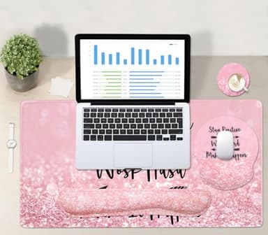 4-in-1 Gaming Mouse Pad Wrist Support Set，Desk Pad + Mouse Pad with Wrist Rest + Keyboard Wrist Rest + Coaster, Ergonomic Design for Home Office Study Game - Pink Stay Positive - Image 6
