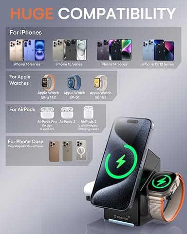 ZEEHOO iPhone Charging Station, 3 in 1 Charging Station for Apple MagSafe Charger, Qi2 Certified, 15W Fast Wireless Charger, for Apple Watch, for iPhone 17 16 15,14,13,12 Series, AirPods (Black) - Image 5