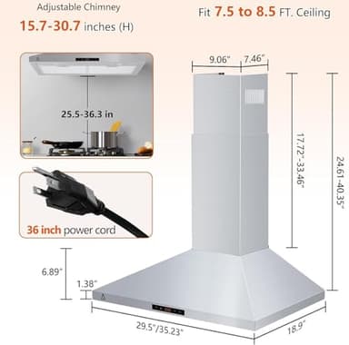 Range Hood 30 Inch, Kitchen Hood 265 CFM, Stainless Steel Vent Hood With Touch Control, Stove Hood With 3-Speed Exhaust Fan, Adjustable Chimney & LED Light, Silver - Image 7
