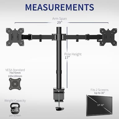 VIVO Dual Monitor Desk Mount, Holds 2 Computer Screens up to 30 inches and 22lbs Each, Heavy Duty Fully Adjustable Steel Stand with C-Clamp and Grommet, Black, STAND-V002 - Image 4