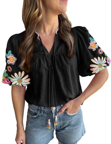 Women's Casual Floral Embroidered V Neck Boho Puff Short Sleeve Shirts Loose Tunic Summer Blouses Tops Fashion Clothes 2024 Black L - Image 1