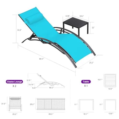 Purple Leaf Patio Chaise Lounge Set of 3 Outdoor Lounge Chair Beach Pool Sunbathing Lawn Lounger Recliner Chiar Outside Tanning Chairs with Arm for All Weather, Side Table Included, Turquoise Blue - Image 2