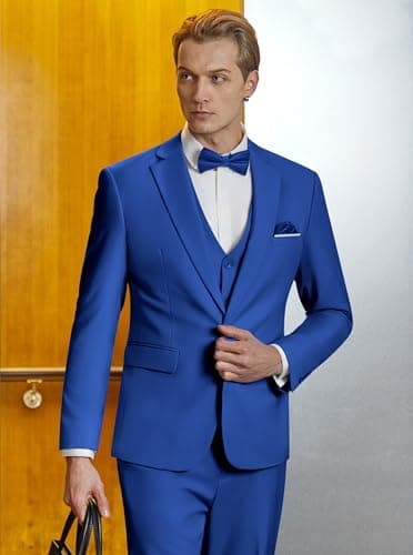 WULFUL Men’s Slim Fit Suit One Button 3-Piece Blazer Dress Business Wedding Party Jacket Vest & Pant Royal Blue - Image 3