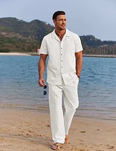 COOFANDY Men 2 Piece Linen Sets Outfits Beach Wedding Shirts and Pants Leisure Suit - Image 3
