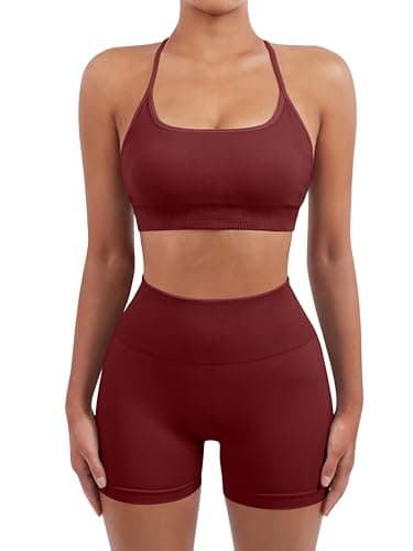 SUUKSESS Women Seamless 2 piece Workout Sets Strappy Padded Sports Bra Booty High Waisted Shorts Outfits (Wine Red,S) - Image 2