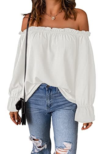 Spriolim Off The Shoulder Tops for Women Long Sleeve Casual Fashion Elegant Ruffle Chiffon Shirts White, Large - Image 1