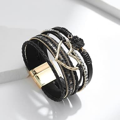 Leopard Bracelet for Women, Boho Leather Wrap Multi-Layer Pearl Crystal Bracelet Bangle Jewelry (Heart Leather(Black)) - Image 5