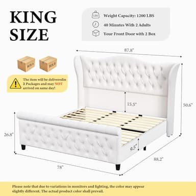 King Size Platform Bed Frame-Upholstered Bed Modern-Sleigh Bed with 51 inch Tall Headboard Footboard-Platform Chenille Bed Luxury-Button Tufted-Sturdy Wood Slats Support-Cream - Image 2