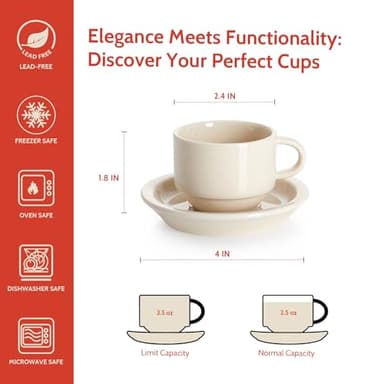 Sweese Porcelain Espresso Cups Set, 2.5 oz, Stackable with Saucers Metal Stand, Beige, 4 Pack - Image 2