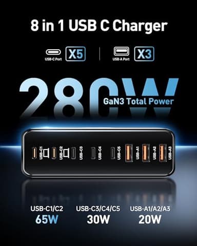 280W USB C Charger Block, 8-Port USB C Charging Station GaN III PD 65W Laptop Charger Adapter Compatible with MacBookPro/Air,DELL,iPad,Portable Charging Station for iPhone,Samsung Galaxy (Black) - Image 2